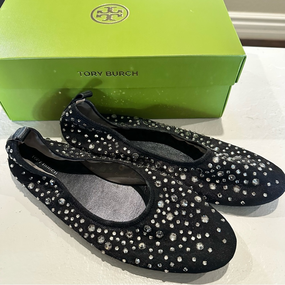 Tory Burch Black Crystal-Studded Flats